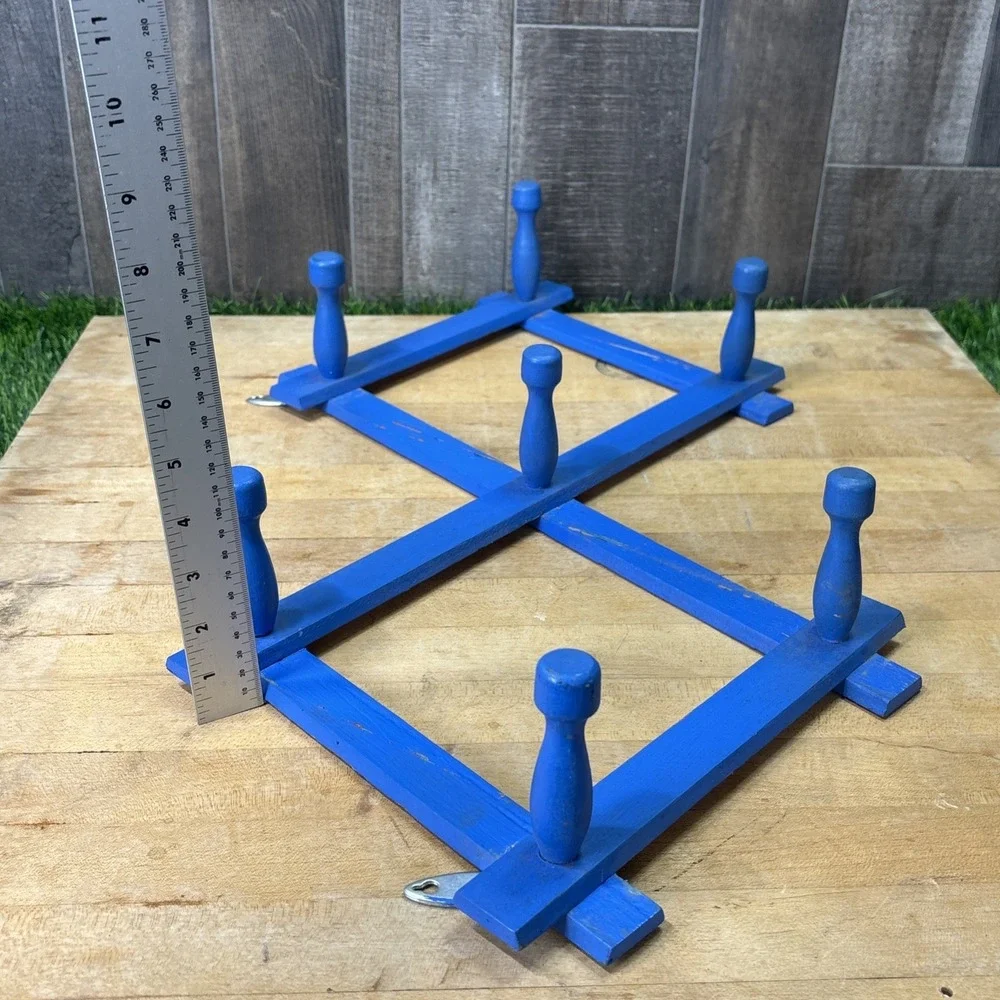 Vintage Blue Wooden Accordion Wall Rack Expandable Peg Coat Hat Decor Rustic